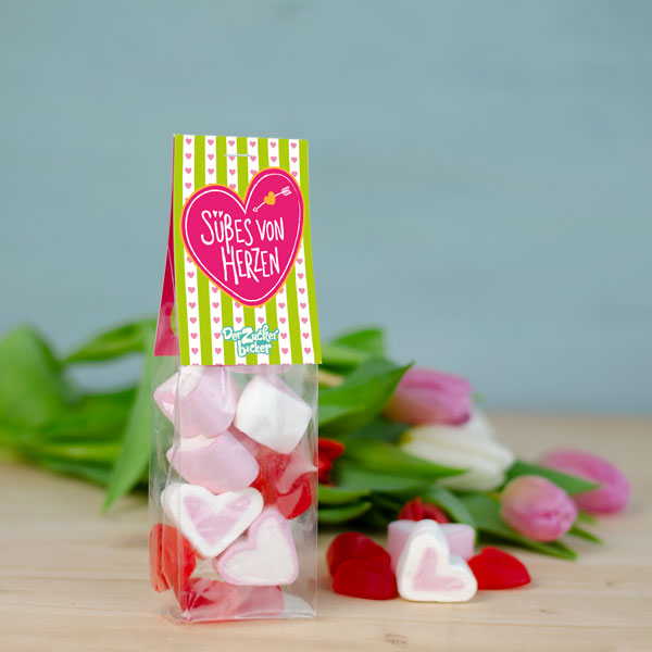 „Süßes von Herzen“ Naschbeutel – Fruchtgummi-Herzen liebevoll verpackt zum Valentinstag