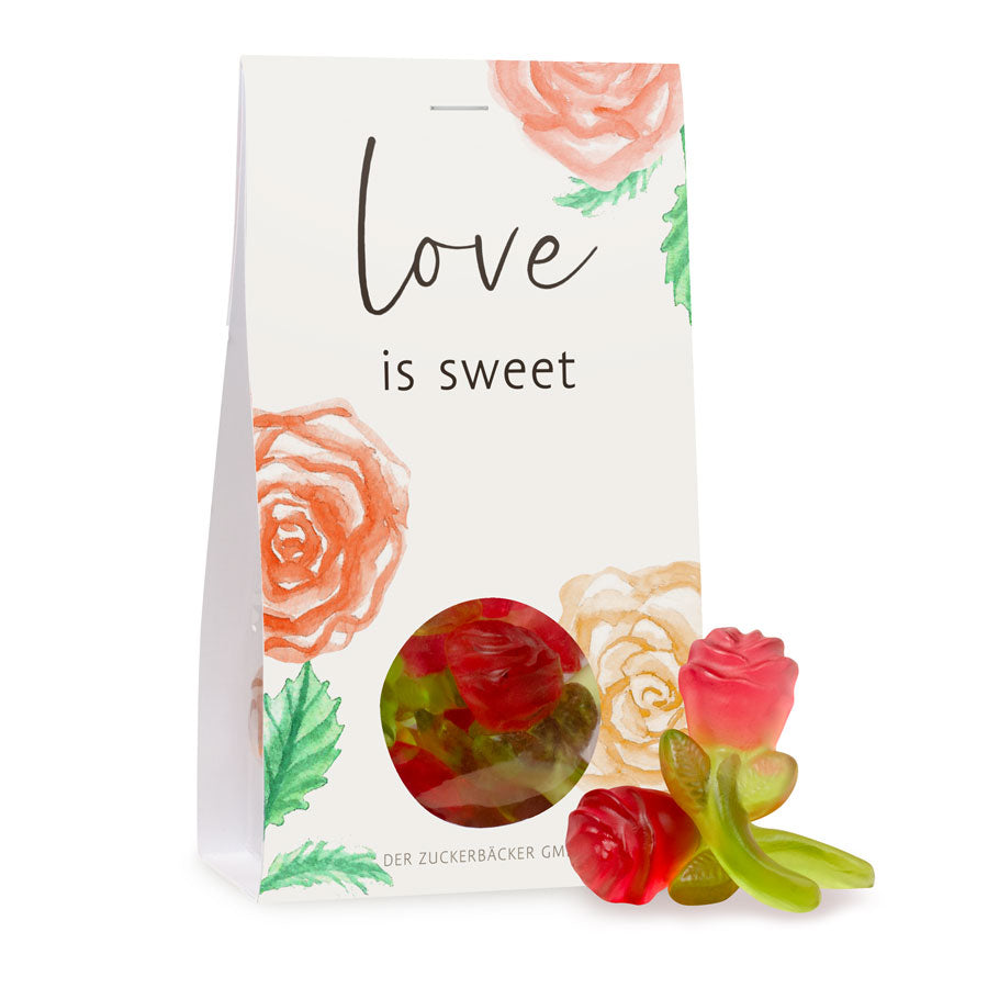 „Love is sweet“ Naschportion – Fruchtgummi-Rosen als Gastgeschenk für Hochzeit & Valentinstag