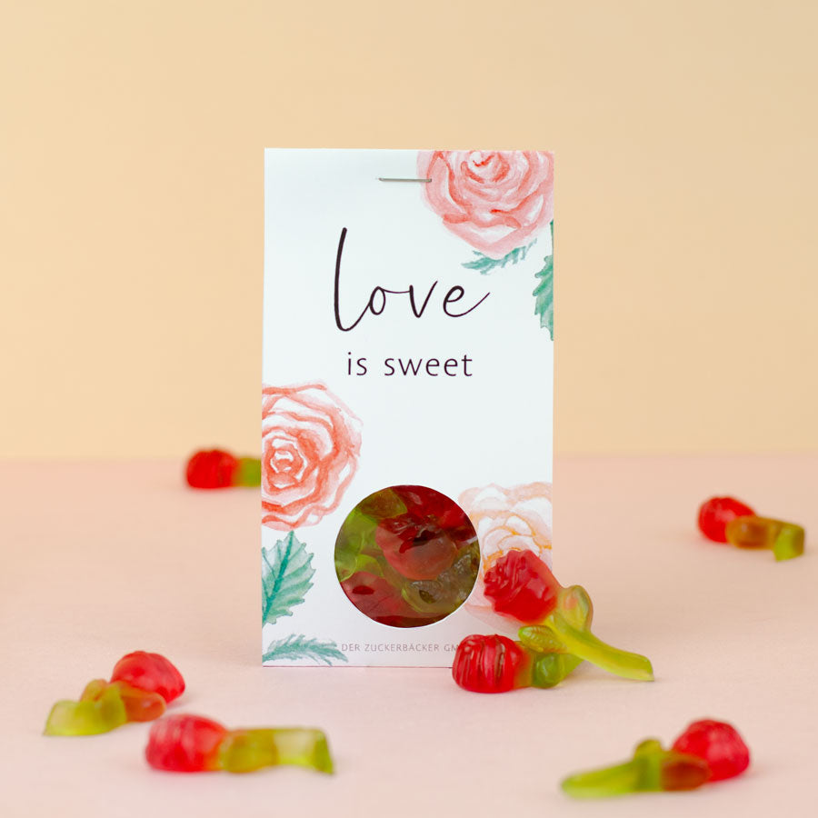 „Love is sweet“ Naschportion – Fruchtgummi-Rosen als Gastgeschenk für Hochzeit & Valentinstag