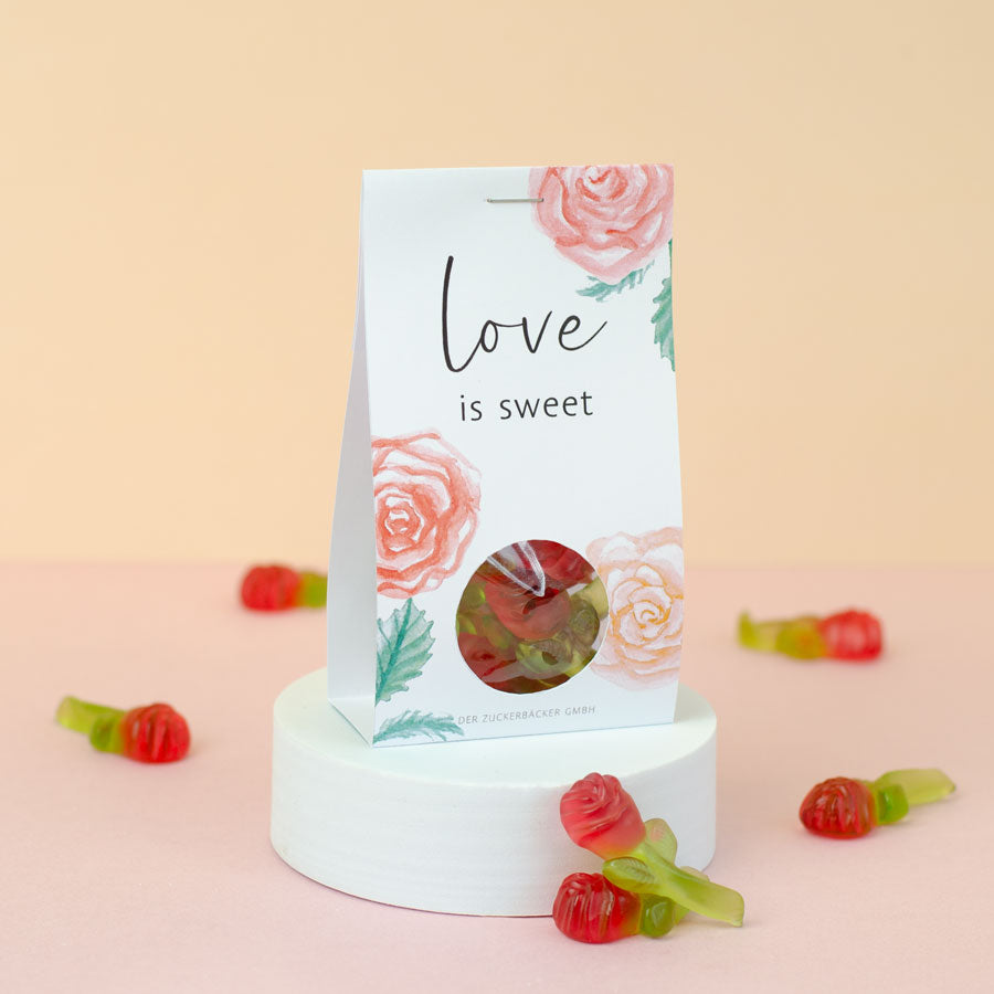 „Love is sweet“ Naschportion – Fruchtgummi-Rosen als Gastgeschenk für Hochzeit & Valentinstag