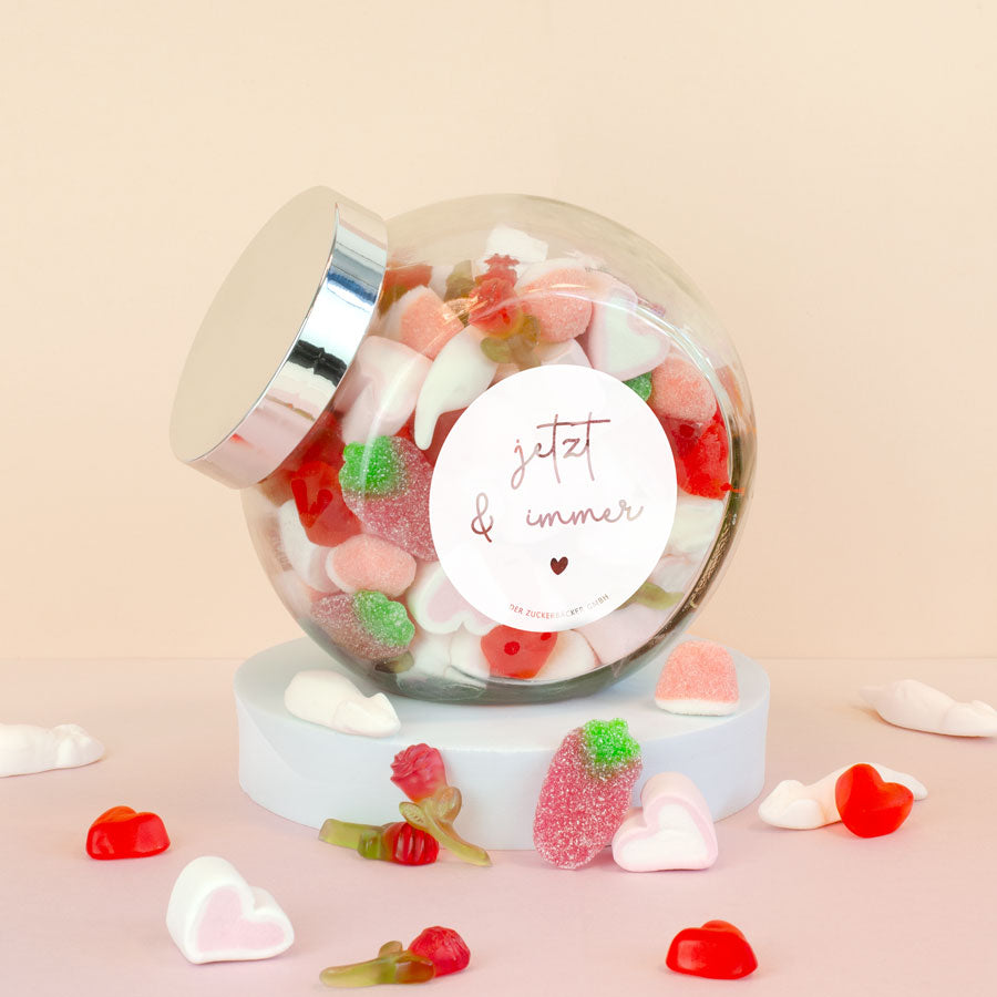 „Jetzt & Immer“ Valentinstags-Geschenk – Edles Süßigkeitenglas mit Fruchtgummi & Marshmallows
