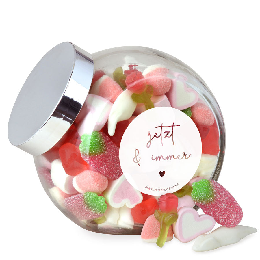 „Jetzt & Immer“ Valentinstags-Geschenk – Edles Süßigkeitenglas mit Fruchtgummi & Marshmallows